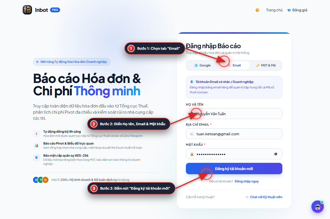 Hướng dẫn tạo tài khoản mới bằng Email