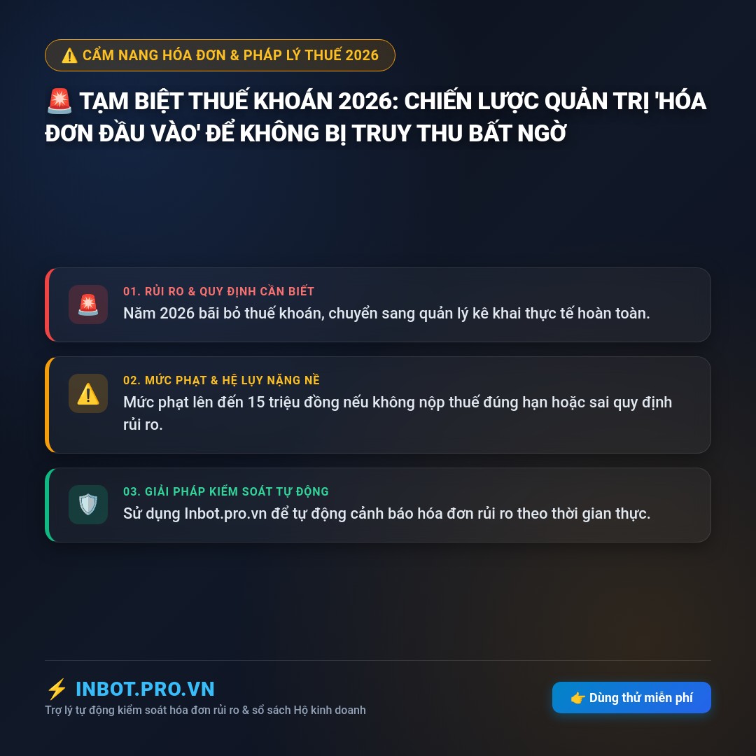 Infographic tóm tắt: 🚨 TẠM BIỆT THUẾ KHOÁN 2026: CHIẾN LƯỢC QUẢN TRỊ 'HÓA ĐƠN ĐẦU VÀO' ĐỂ KHÔNG BỊ TRUY THU BẤT NGỜ